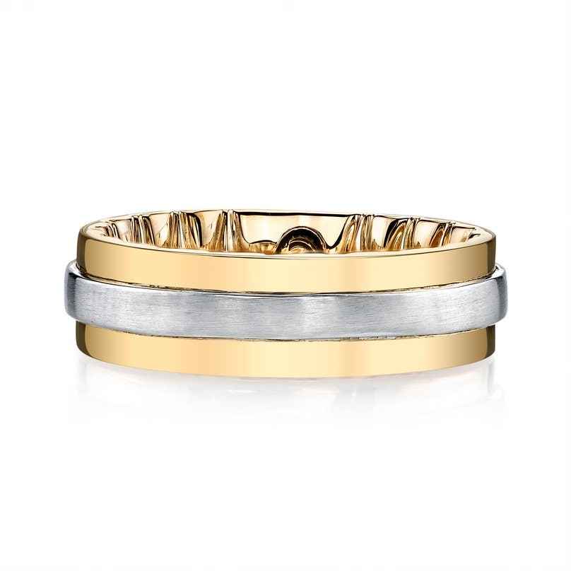 MFIT Men's Satin Center Wedding Band in 10k White and Yellow Gold front view