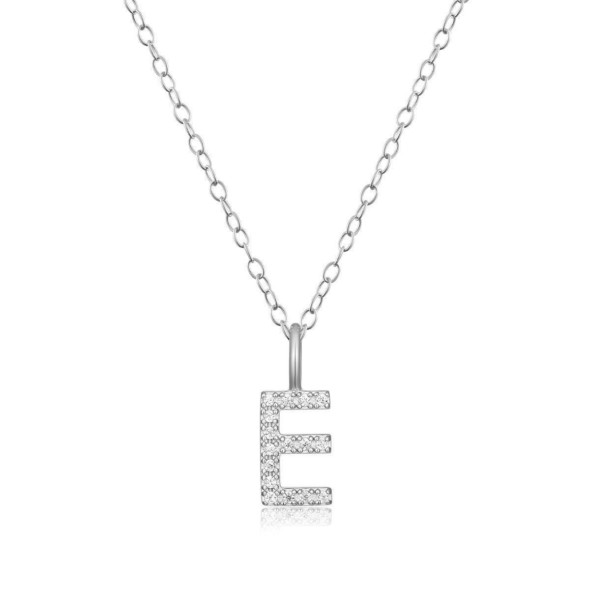 M by Monte Luna Lab-Grown Diamond Accent Initial E Pendant in Rhodium Plated Sterling Silver