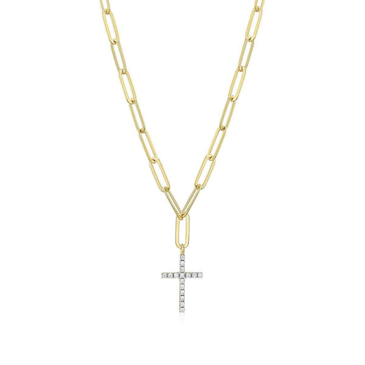 M by Monte Luna Lab-Grown Diamond Accent Cross Paperclip Necklace in 14K Yellow Gold Plated Sterling Silver
