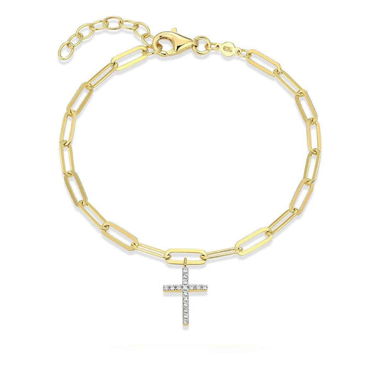 M by Monte Luna Lab-Grown Diamond Accent Cross Paperclip Bracelet in 14K Yellow Gold Plated Sterling Silver