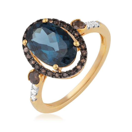 Oval London Blue Topaz & Smokey Quartz Halo & Diamond Accent Ring in 10K Yellow Gold front view (2)