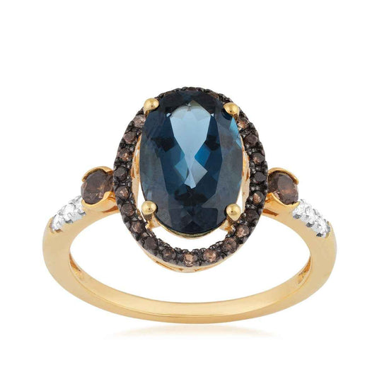 Oval London Blue Topaz & Smokey Quartz Halo & Diamond Accent Ring in 10K Yellow Gold (2)