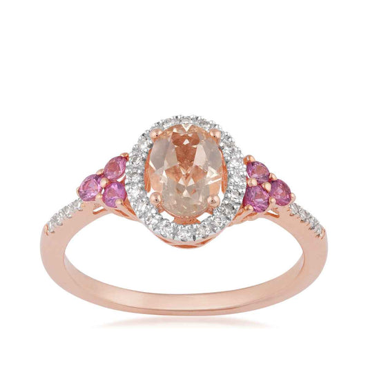 Oval Morganite & Pink Sapphire & 1/6 ct. tw. Diamond Halo Ring in 10K Pink Gold