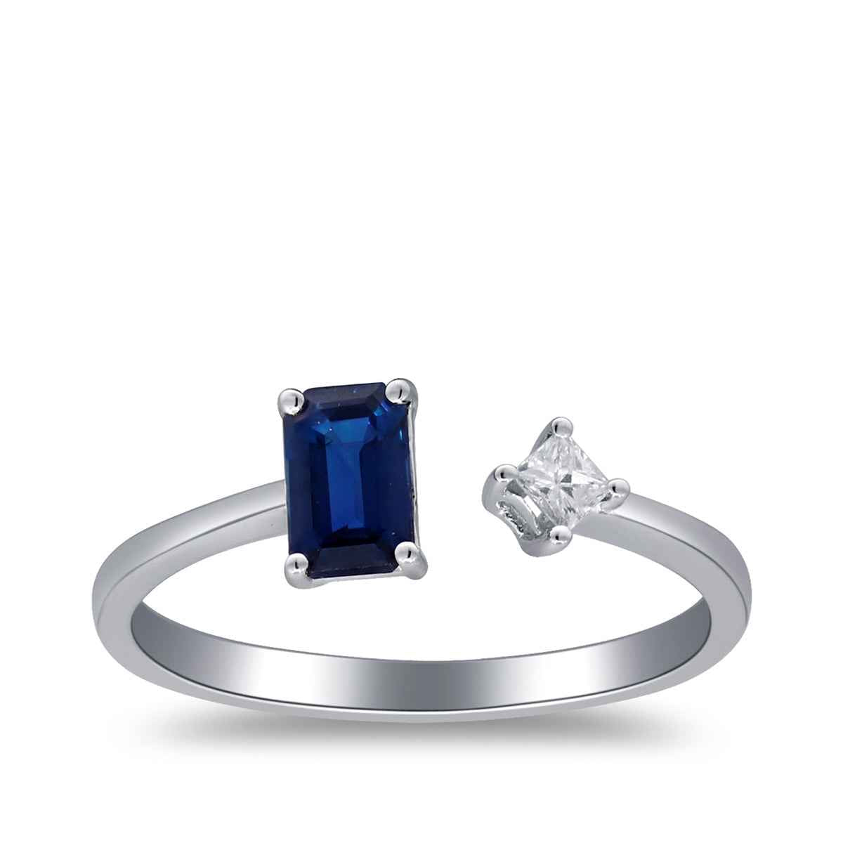 Emerald Cut Sapphire & 1/10 ct. tw. Diamond Open Ring in 10K White Gold