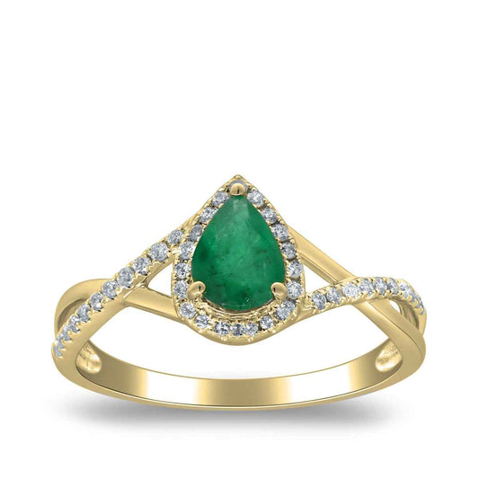 Pear Emerald & 1/10 ct. tw. Diamond Halo Split Shank Ring in 10K Yellow Gold