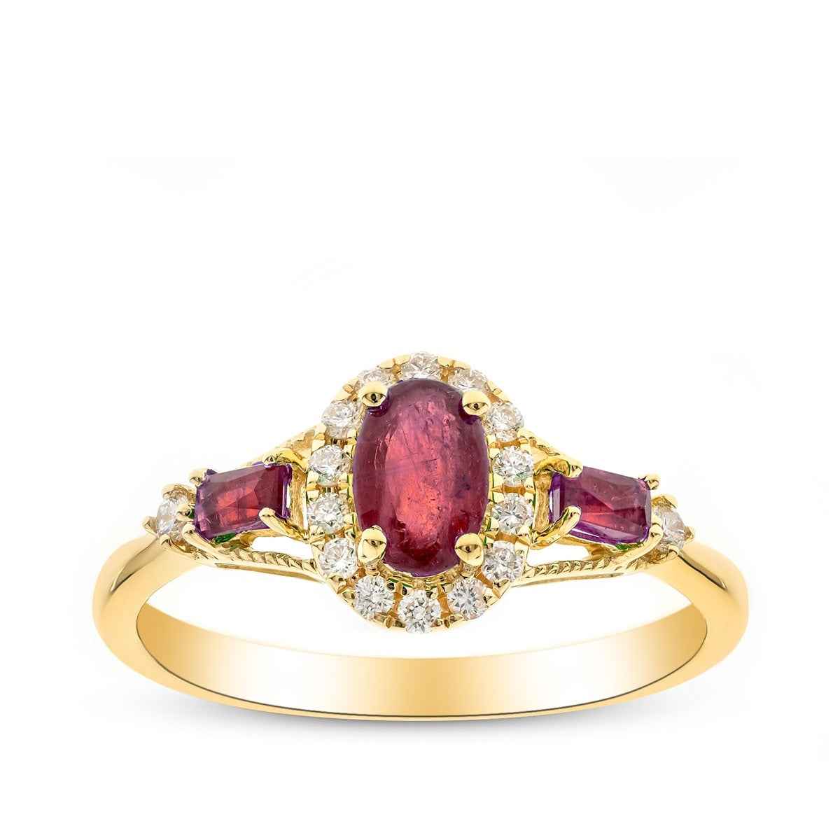 Oval & Baguette Ruby & 1/2 ct. tw. Diamond Halo Ring in 10K Yellow Gold