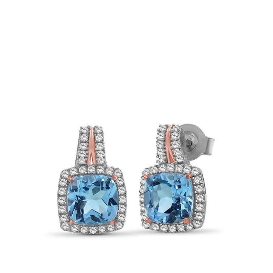 Cushion Swiss Blue & White Topaz Halo Earrings in Sterling Silver & 10K Pink Gold