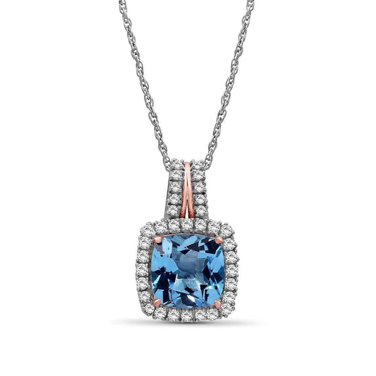 Cushion Swiss Blue & White Topaz Halo Pendant in Sterling Silver & 10K Pink Gold