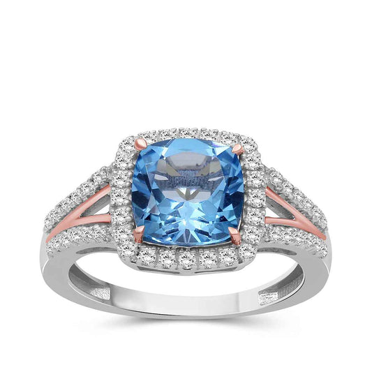 Cushion Swiss Blue & White Topaz Halo Ring in Sterling Silver & 10K Pink Gold