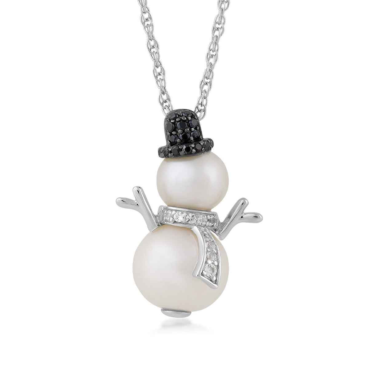 Cultured Pearl & Black Spinel & White Sapphire Snowman Pendant in Sterling Silver