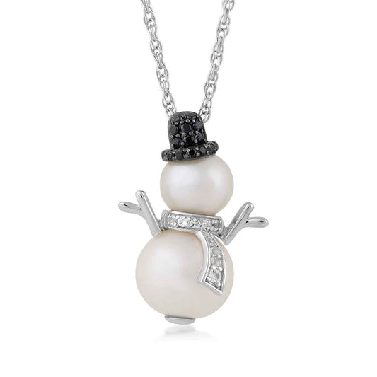 Cultured Pearl & Black Spinel & White Sapphire Snowman Pendant in Sterling Silver