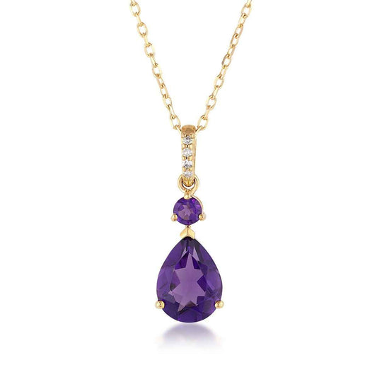 Pear & Round Amethyst & Diamond Accent Pendant in 10K Yellow Gold