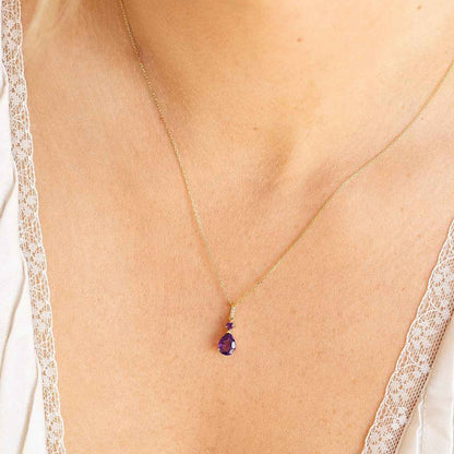 Pear & Round Amethyst & Diamond Accent Pendant in 10K Yellow Gold front view