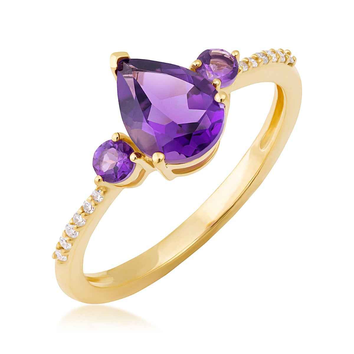 Pear & Round Amethyst & Diamond Accent Ring in 10K Yellow Gold front view