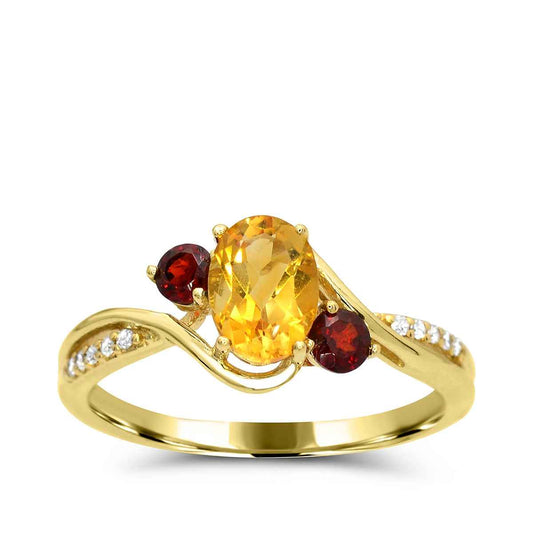 Oval Citrine & Round Garnet & Diamond Accent Ring in 10K Yellow Gold