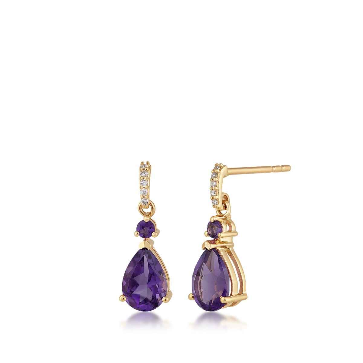 Pear & Round Amethyst & Diamond Accent Dangle Earrings in 10K Yellow Gold
