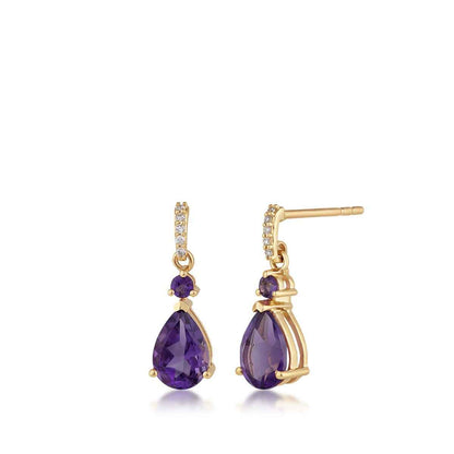 Pear & Round Amethyst & Diamond Accent Dangle Earrings in 10K Yellow Gold