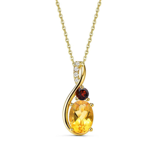 Oval Citrine & Round Garnet & Diamond Accent Pendant in 10K Yellow Gold