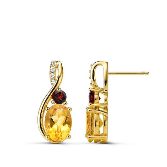 Oval Citrine & Round Garnet & Diamond Accent Dangle Earrings in 10K Yellow Gold