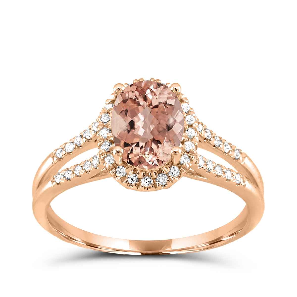 Oval Morganite & 1/6 ct. tw. Diamond Split Shank Halo Ring in 10K Pink Gold
