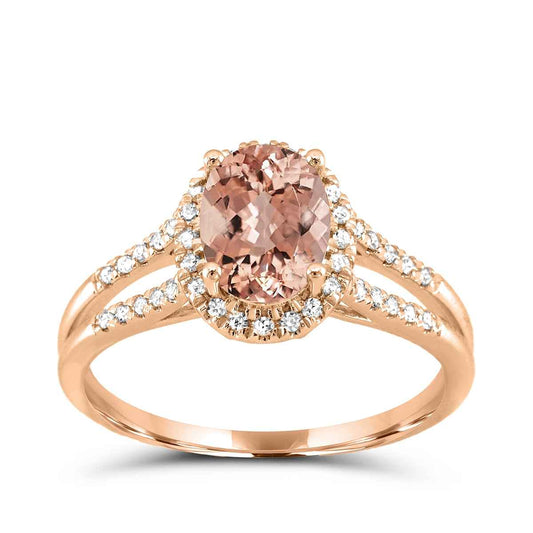 Oval Morganite & 1/6 ct. tw. Diamond Split Shank Halo Ring in 10K Pink Gold