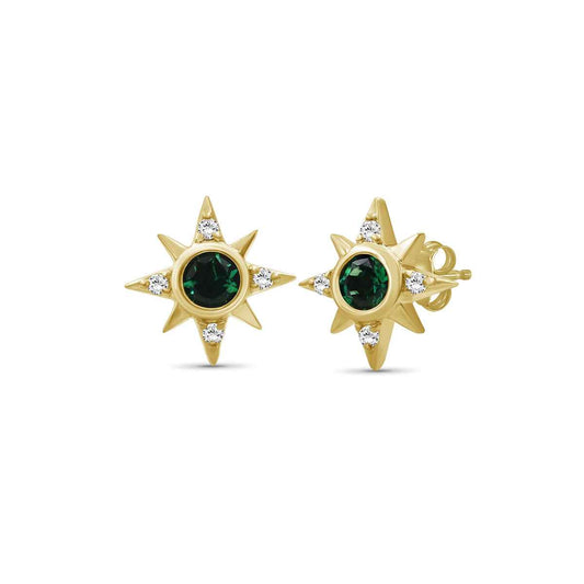 Demi Fine Created Round Emerald & 1/10 ct. tw. Diamond Starburst Earrings in Vermeil