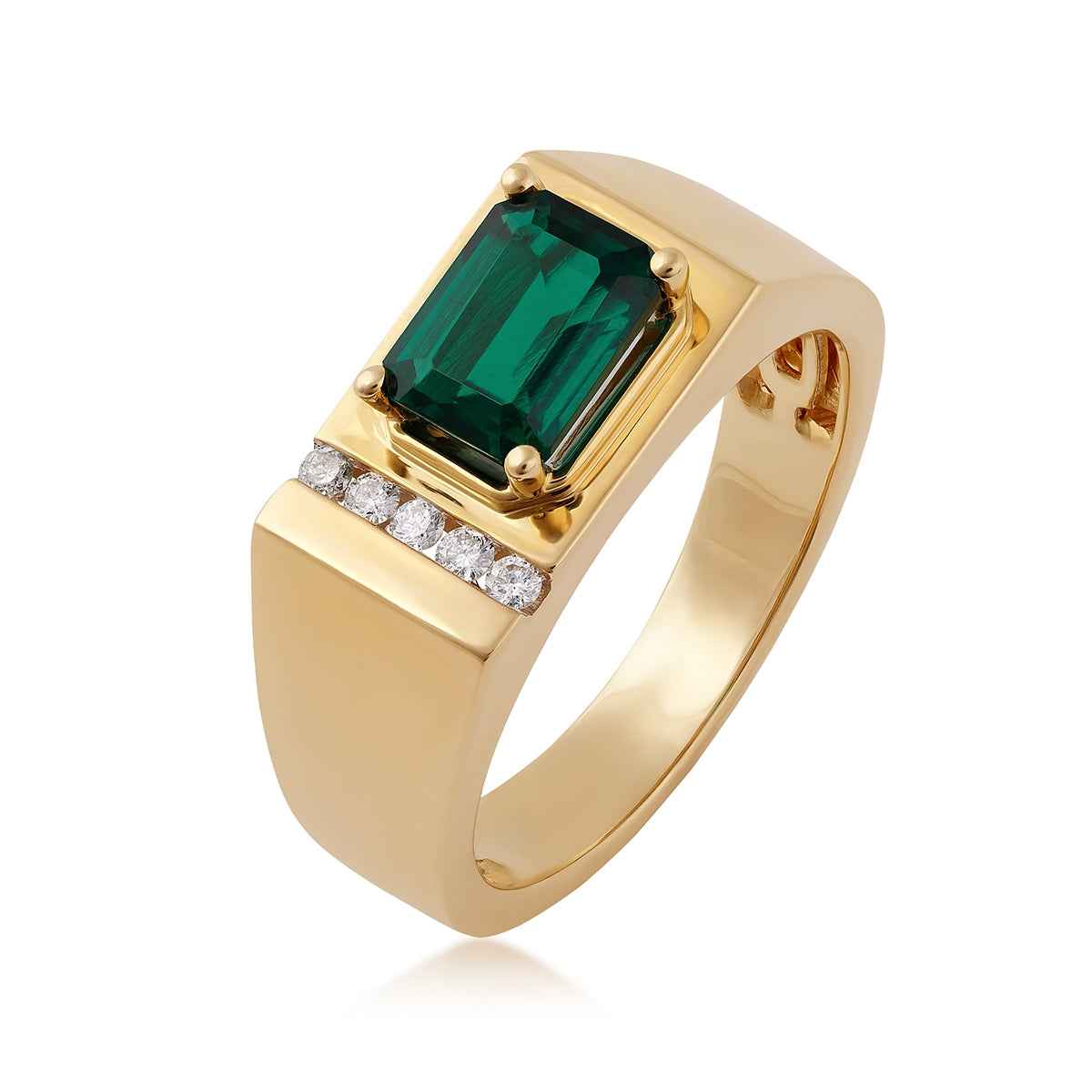 Men's Created Emerald Cut Emerald & 1/10 ct. tw. Diamond Ring in 10K Yellow Gold front view (2)