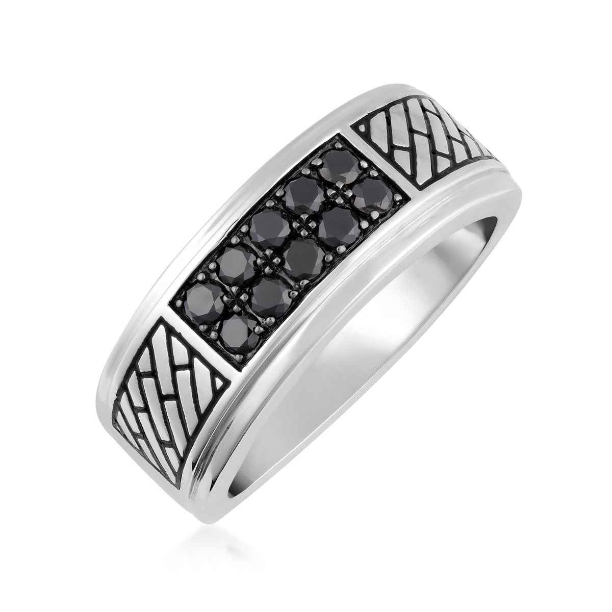 Men's 1/2 ct. tw. Treated Black Diamond Engraved Ring in Sterling Silver front view