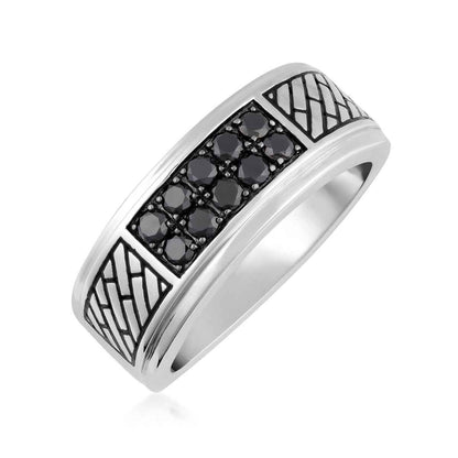 Men's 1/2 ct. tw. Treated Black Diamond Engraved Ring in Sterling Silver front view