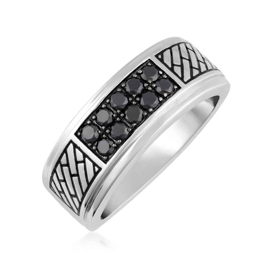Men's 1/2 ct. tw. Treated Black Diamond Engraved Ring in Sterling Silver front view