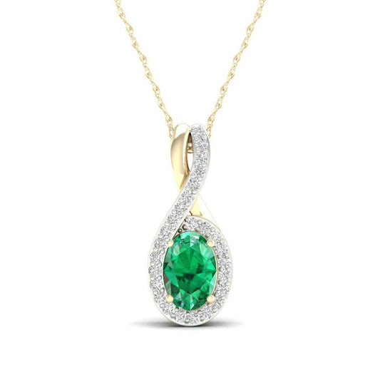 Infinite Love Oval Emerald & Diamond Accent Halo Twist Pendant in 10K Yellow Gold