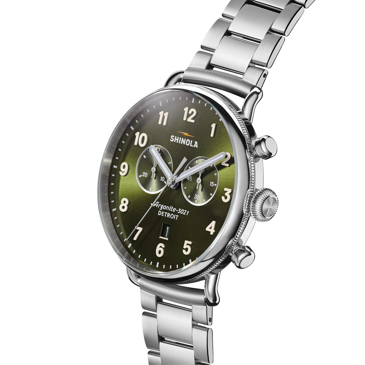 stainless steel men's Shinola Canfield quartz watch with green dial