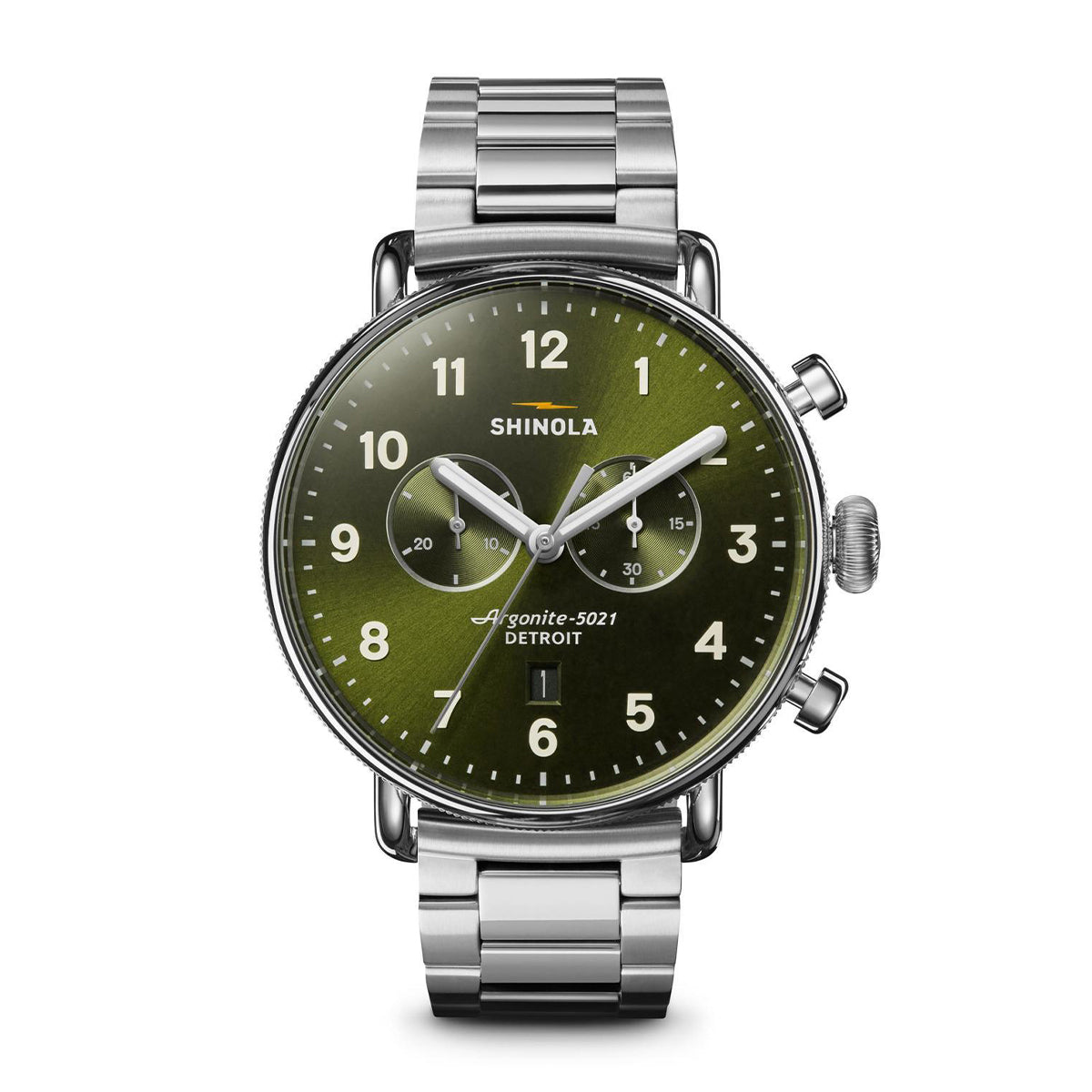 stainless steel men's Shinola Canfield quartz watch with green dial