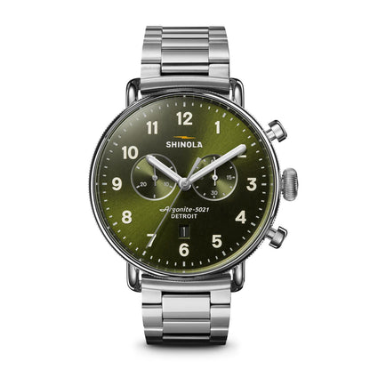 stainless steel men's Shinola Canfield quartz watch with green dial