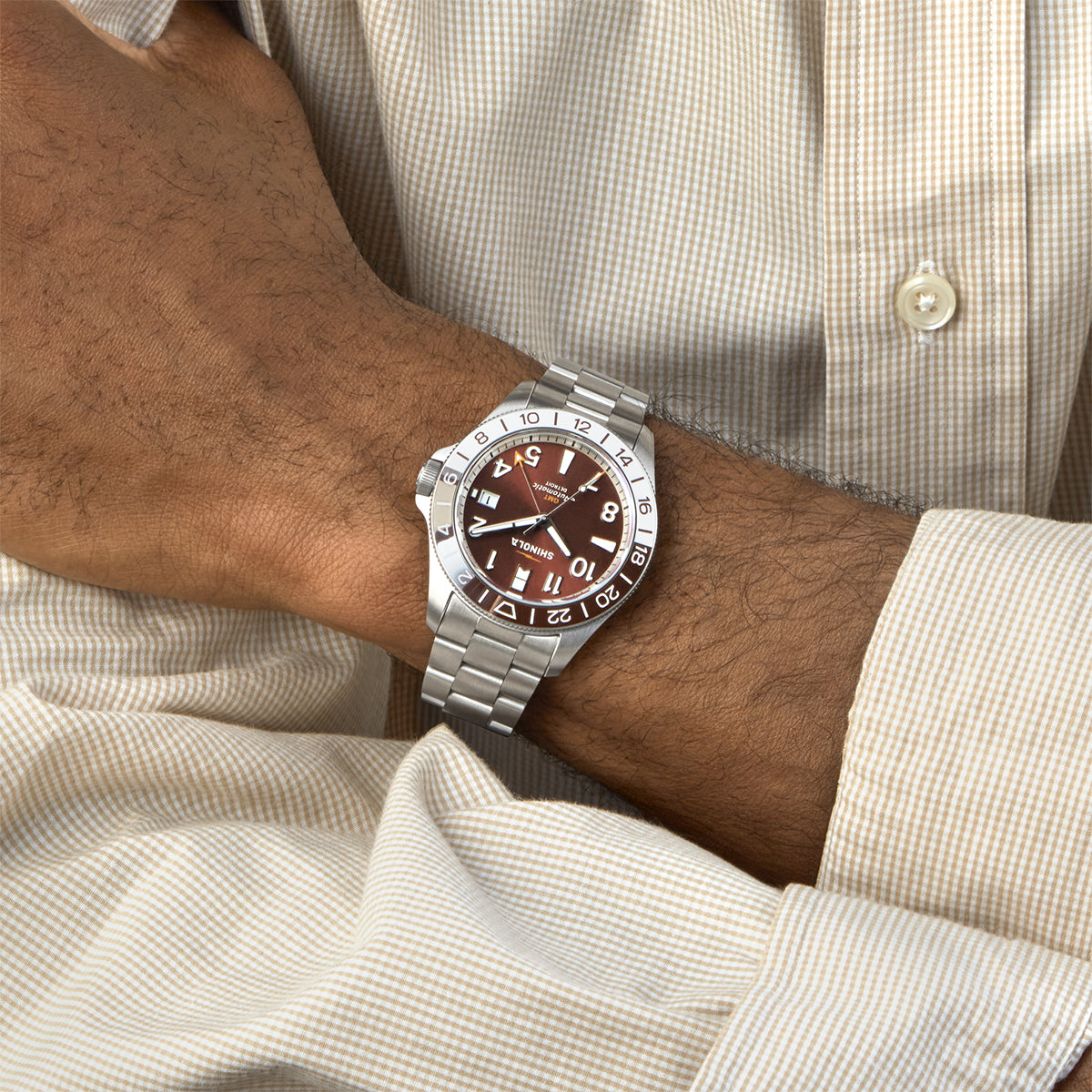 stainless steel men's Shinola Monster automatic watch with brown dial