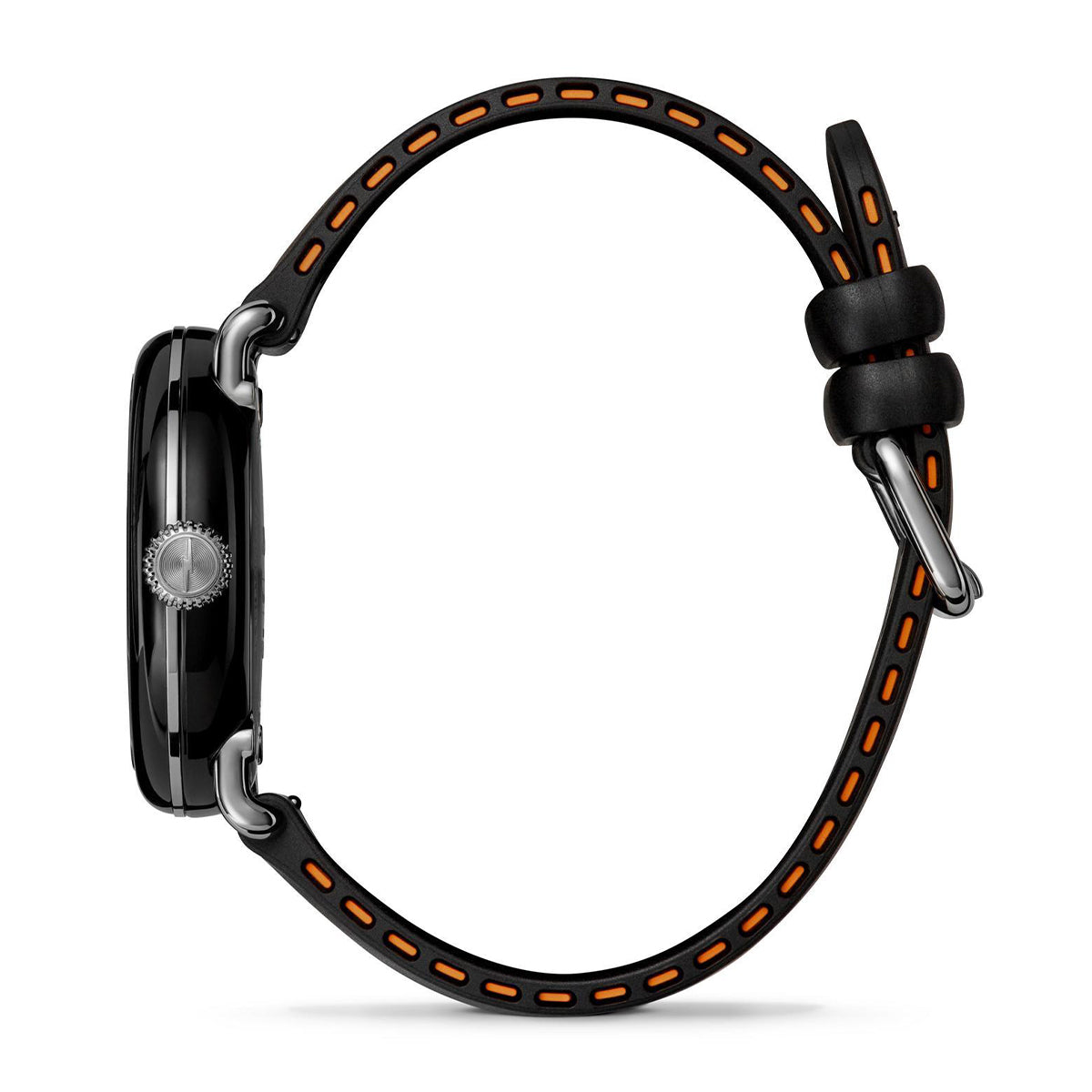 black stainless steel Shinola Detrola quartz watch with black dial and rubber strap