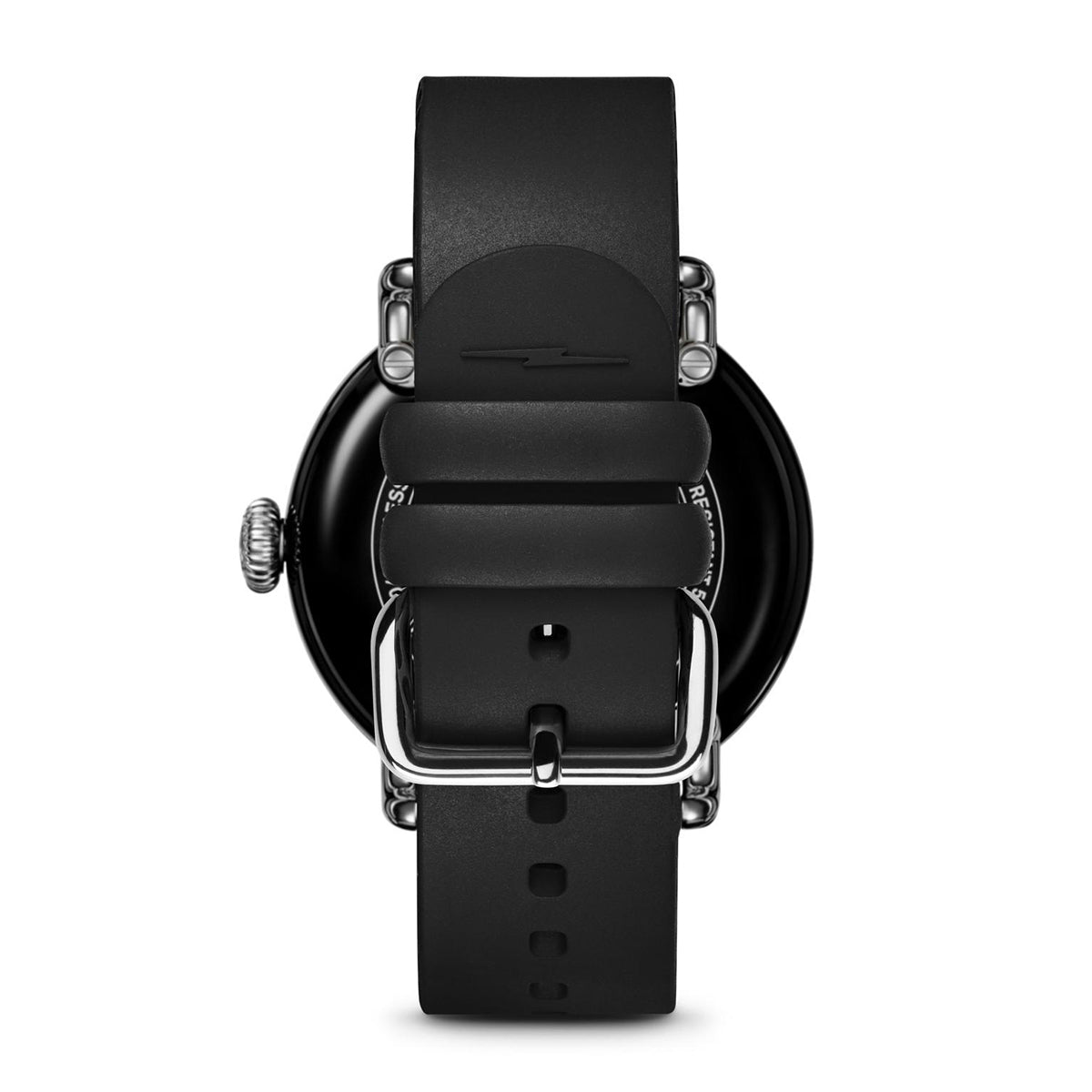 black stainless steel Shinola Detrola quartz watch with black dial and rubber strap