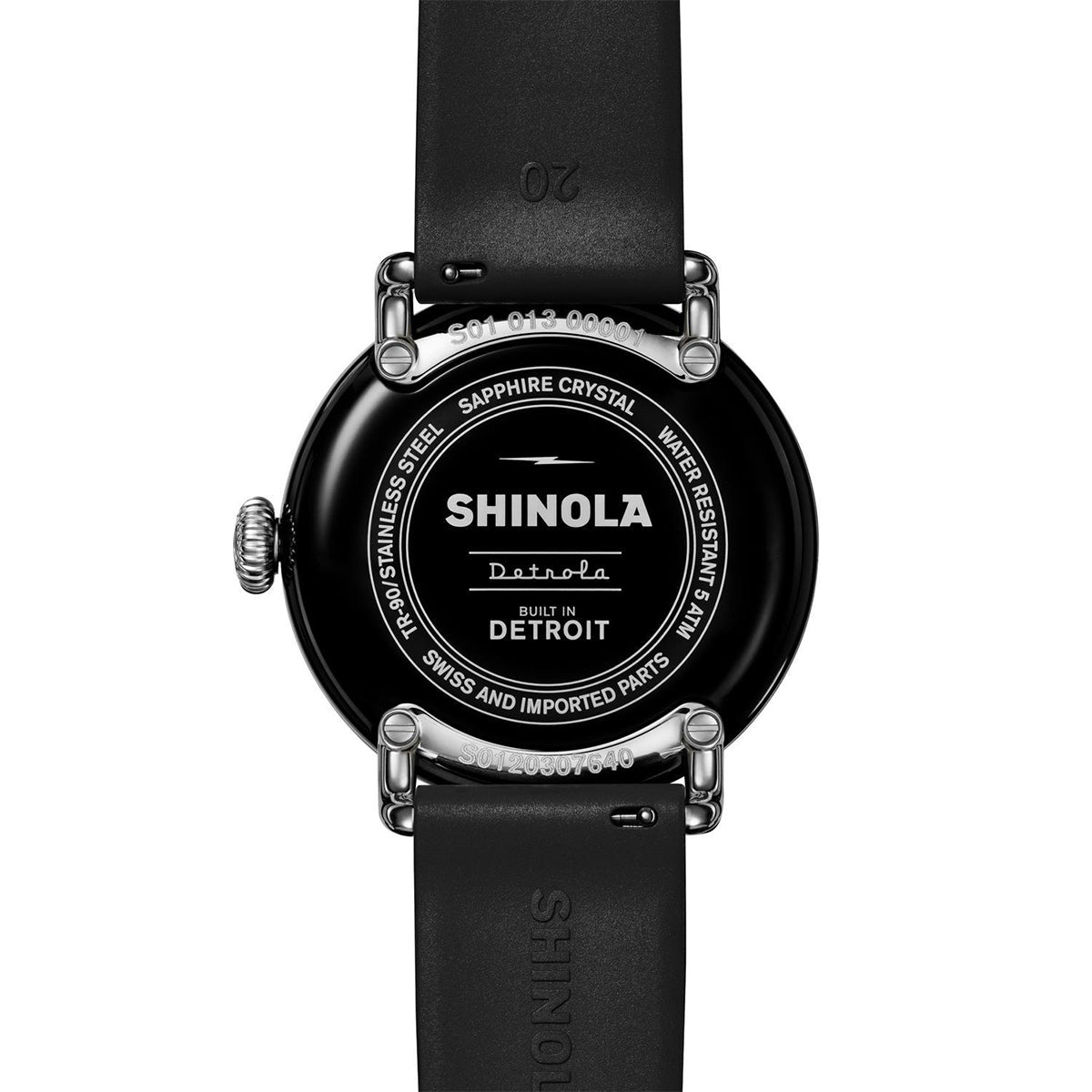 black stainless steel Shinola Detrola quartz watch with black dial and rubber strap
