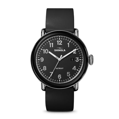 black stainless steel Shinola Detrola quartz watch with black dial and rubber strap