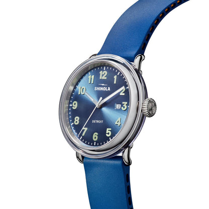 stainless steel Shinola Detrola quartz watch with blue dial and rubber strap