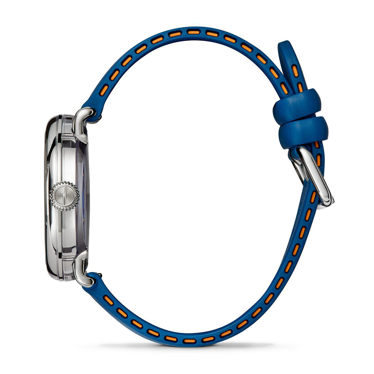 stainless steel Shinola Detrola quartz watch with blue dial and rubber strap