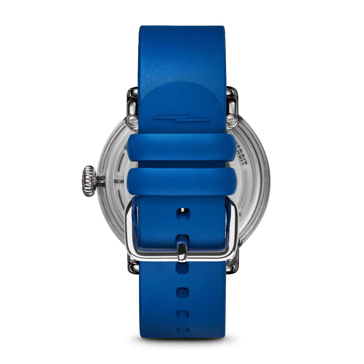 stainless steel Shinola Detrola quartz watch with blue dial and rubber strap