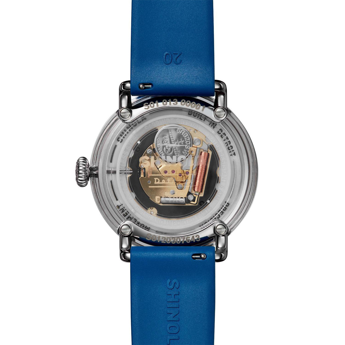 stainless steel Shinola Detrola quartz watch with blue dial and rubber strap