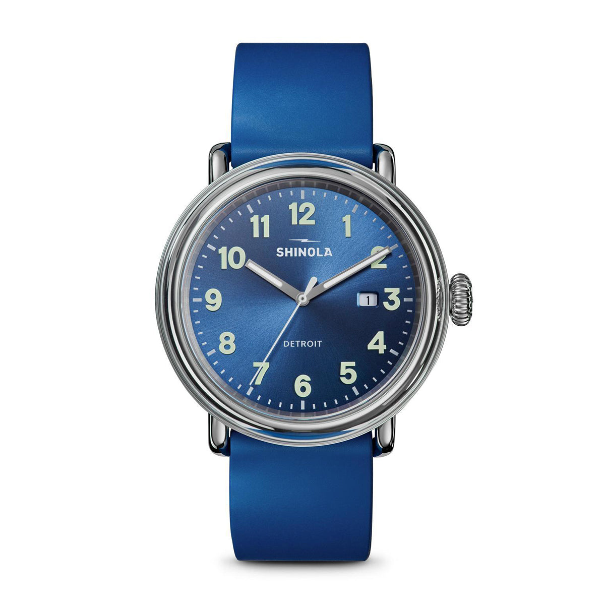 stainless steel Shinola Detrola quartz watch with blue dial and rubber strap