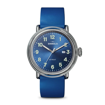 stainless steel Shinola Detrola quartz watch with blue dial and rubber strap