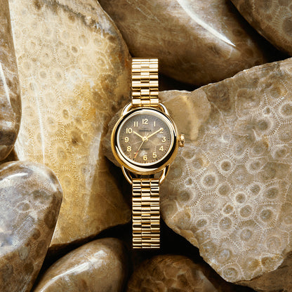 gold-tone stainless steel ladies' Shinola Runabout quartz watch with brown dial
