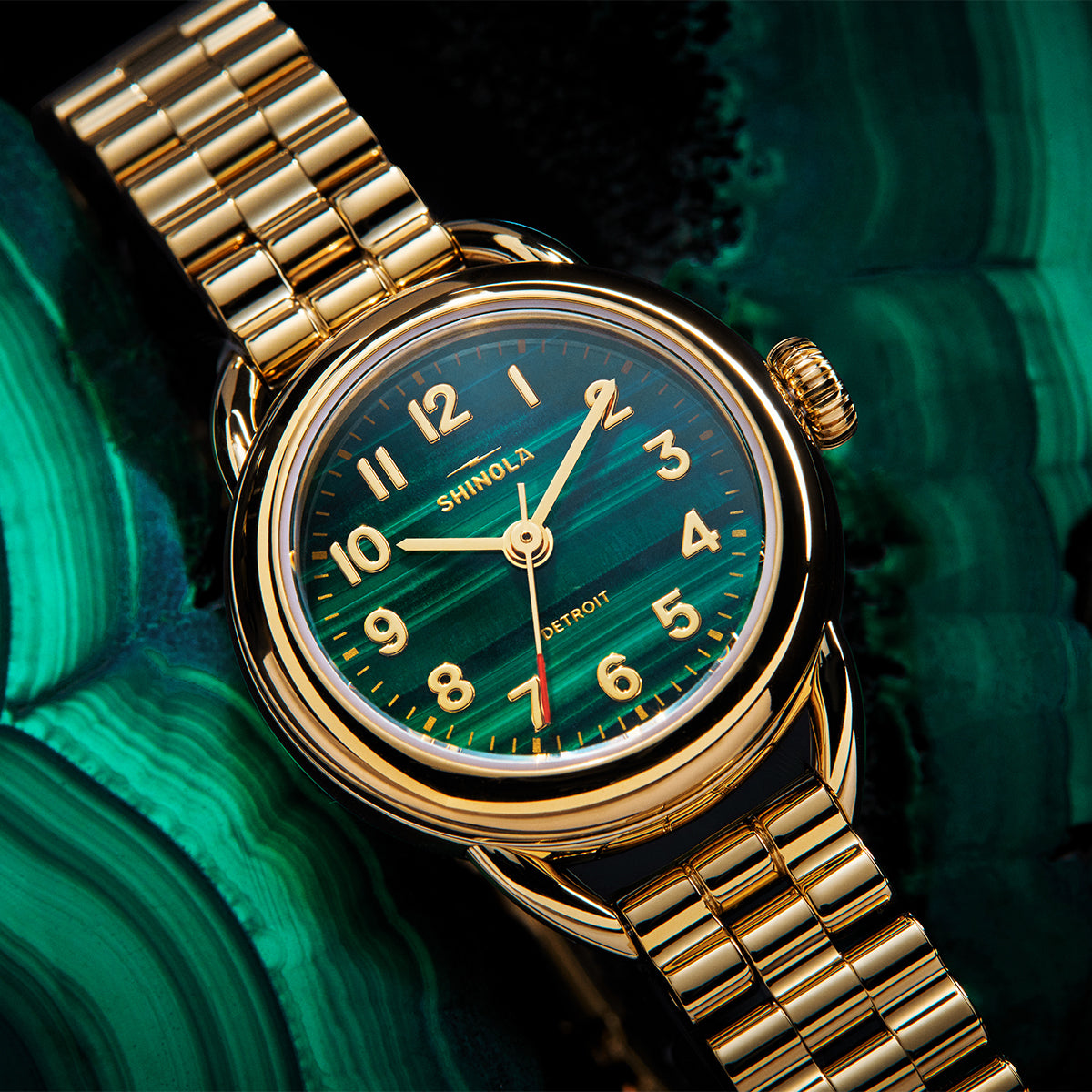gold-tone stainless steel ladies' Shinola Runabout quartz watch with green dial