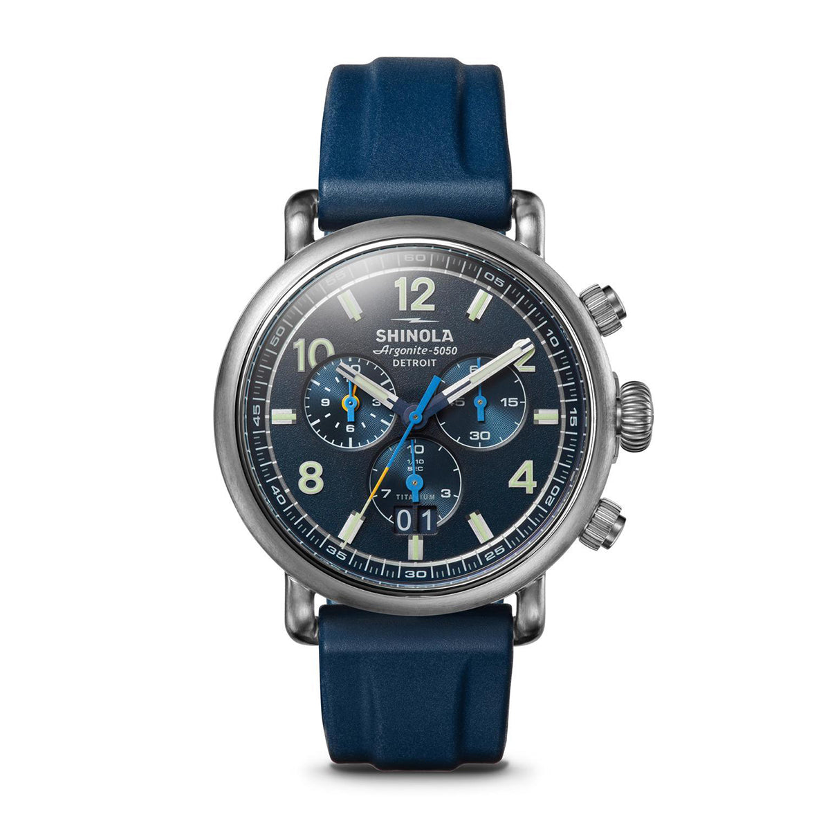 titanium men's Shinola Runwell quartz watch with blue dial