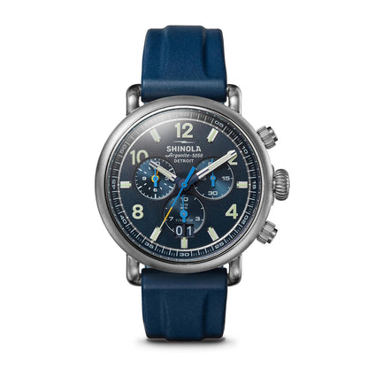 titanium men's Shinola Runwell quartz watch with blue dial