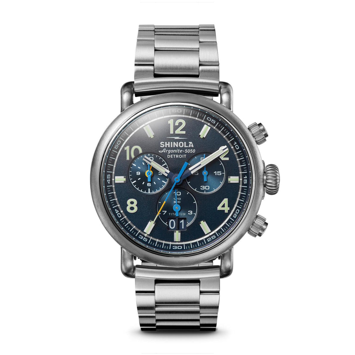 titanium men's Shinola Runwell quartz watch with blue dial